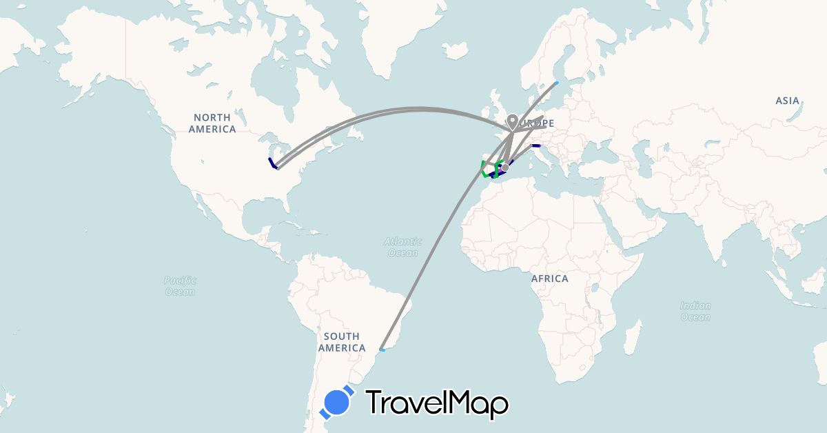 TravelMap itinerary: driving, bus, plane, train, hiking, boat, hitchhiking in Belgium, Brazil, Czech Republic, Germany, Spain, France, United Kingdom, Italy, Portugal, Sweden, United States (Europe, North America, South America)